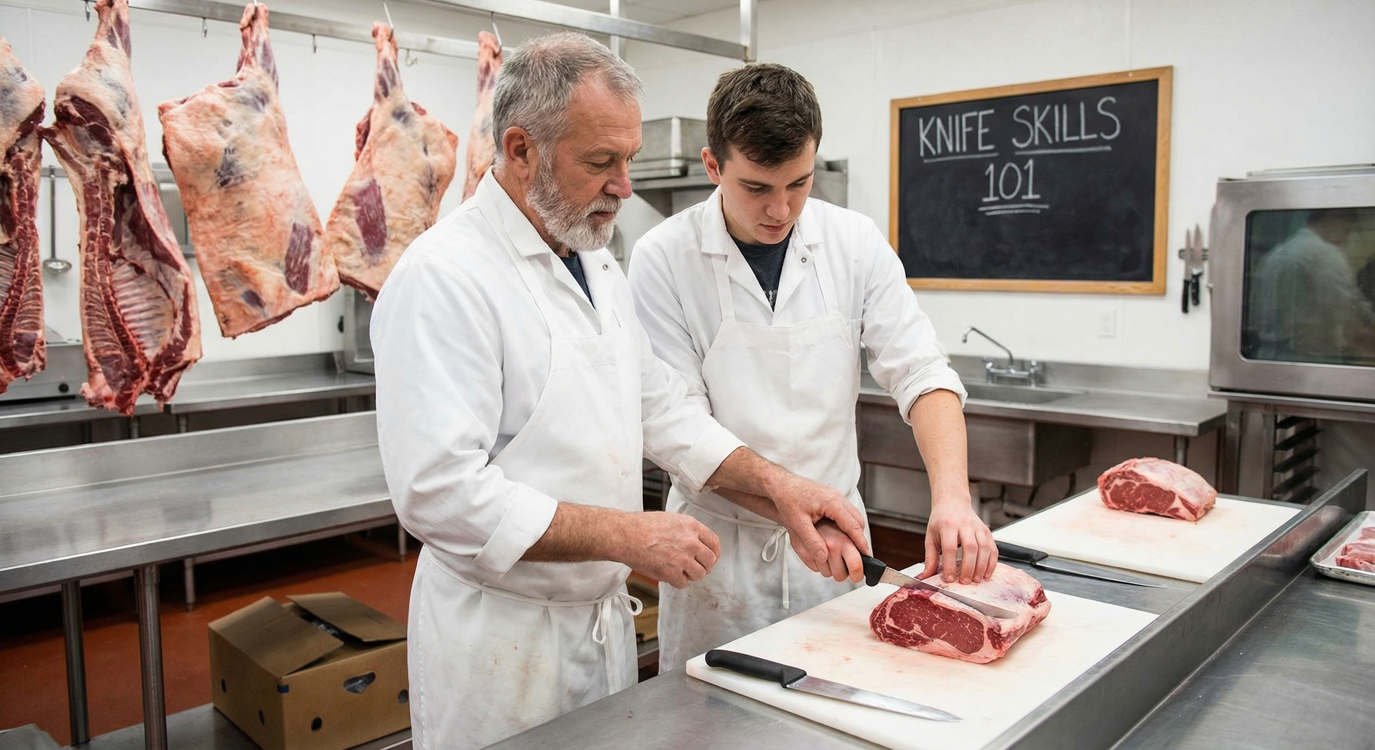Butcher apprentice learning knife skills with experienced mentor in commercial butcher shop
