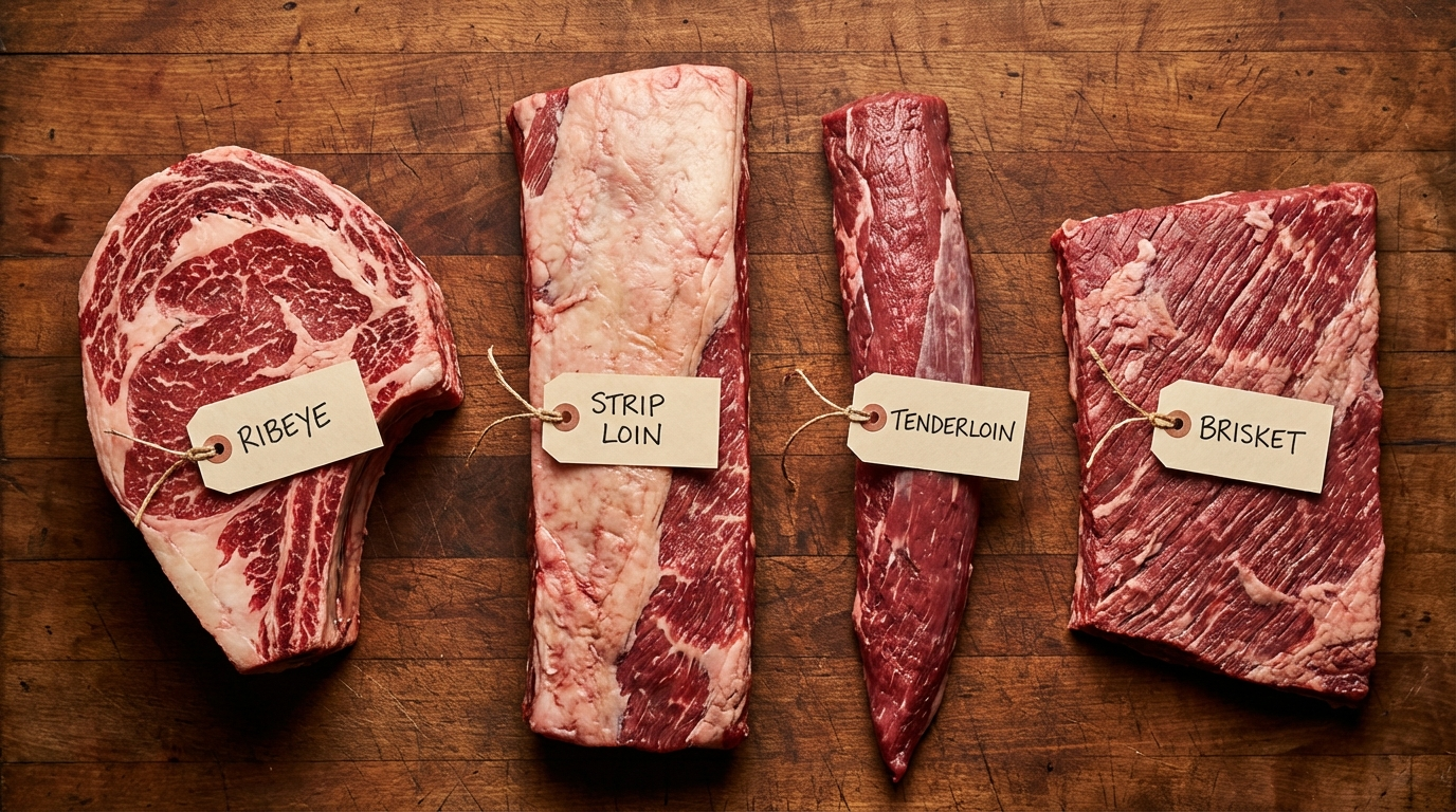 Overhead view of labeled beef primal cuts including ribeye, strip loin, tenderloin and brisket on butcher block