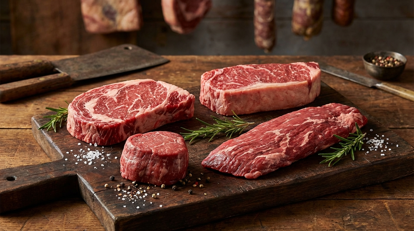 Display of various steak cuts including ribeye, New York strip, filet mignon and flank steak on wooden board