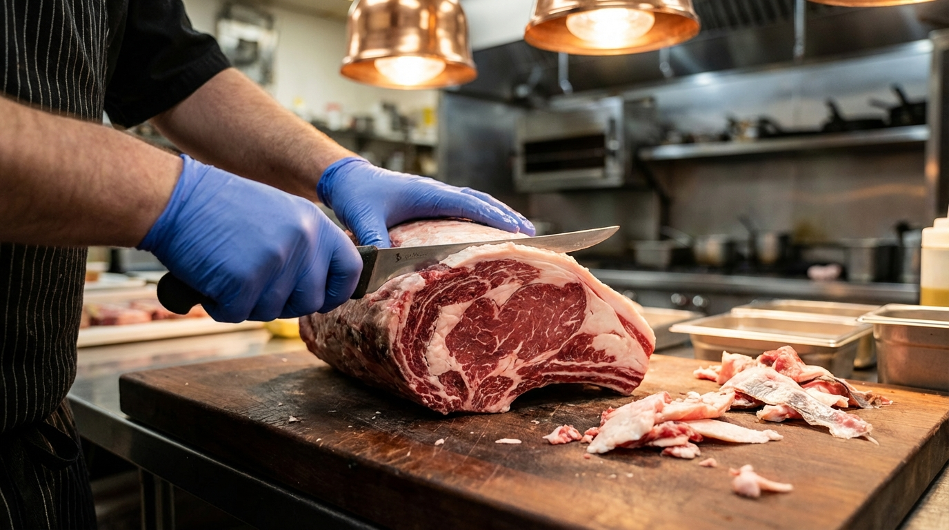 Close-up of butcher hands trimming excess fat from beef roast showing proper knife technique