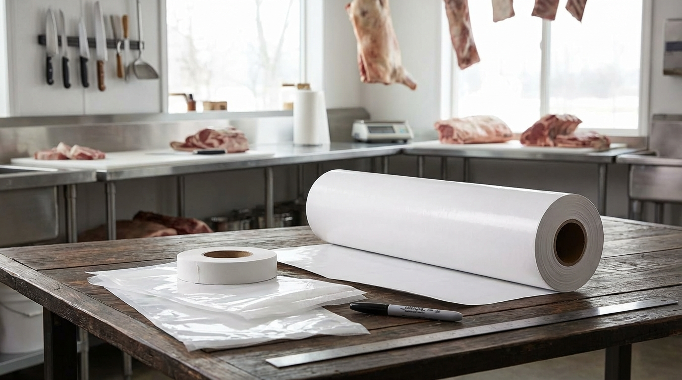 Professional meat wrapping materials including butcher paper roll, freezer tape, vacuum sealer bags, and permanent marker