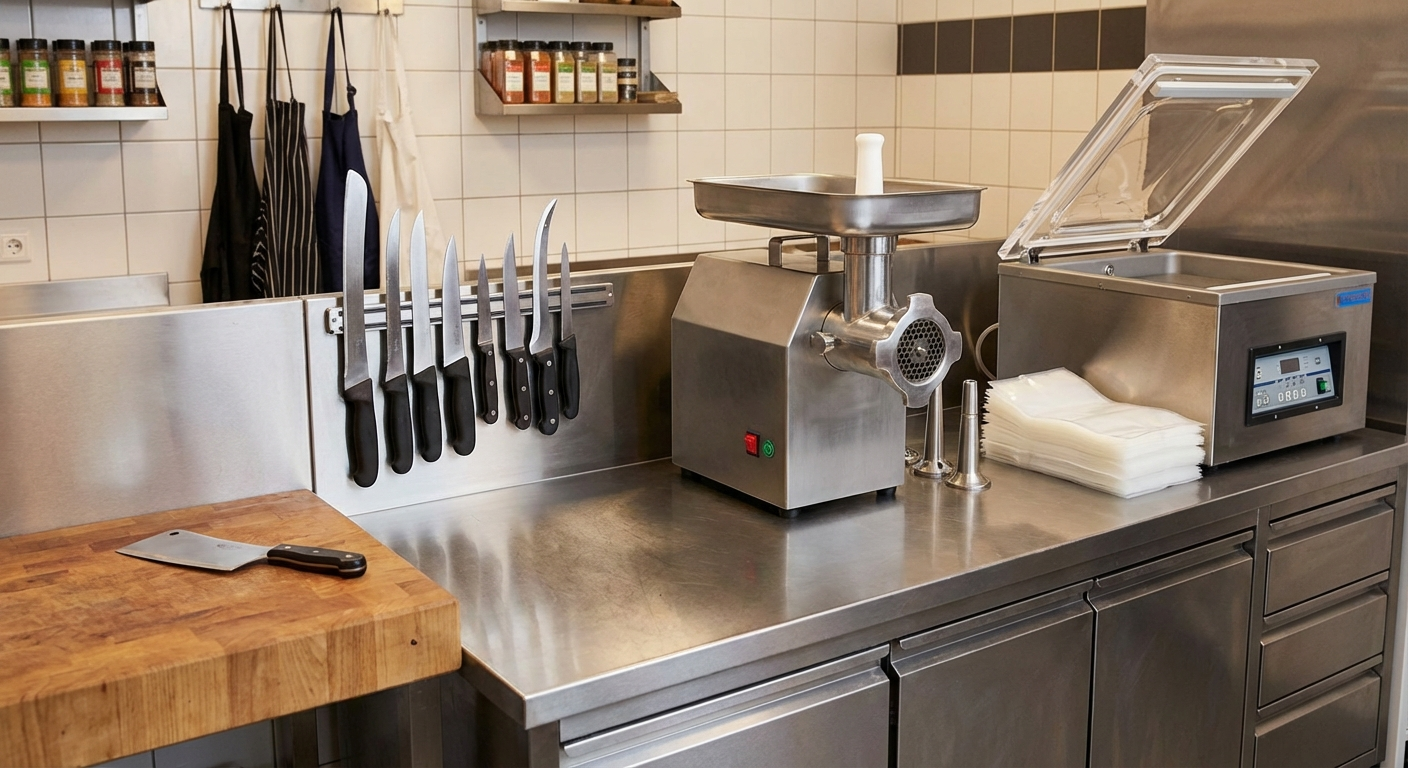 Essential home butcher shop equipment including butcher block table, knife set, meat grinder, and vacuum sealer arranged on stainless steel countertop
