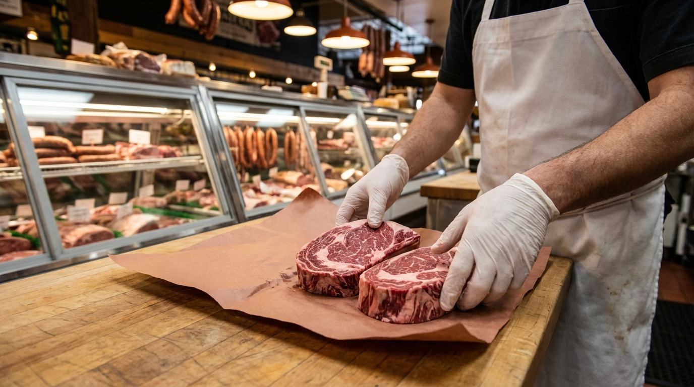 Hand-cut beef ribeye steaks arranged on butcher paper across professional meat counter