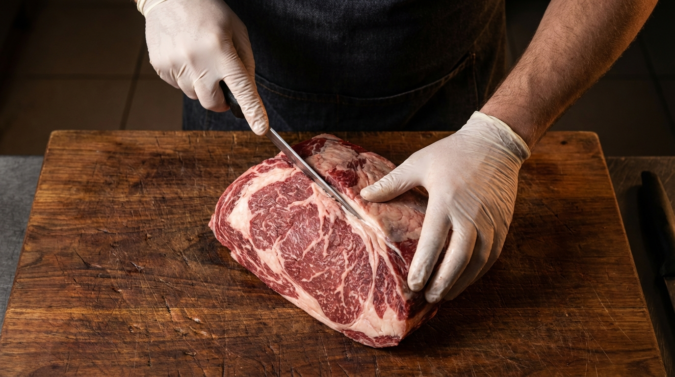 Butcher hands using boning knife for seam-cutting along natural fat line of beef chuck