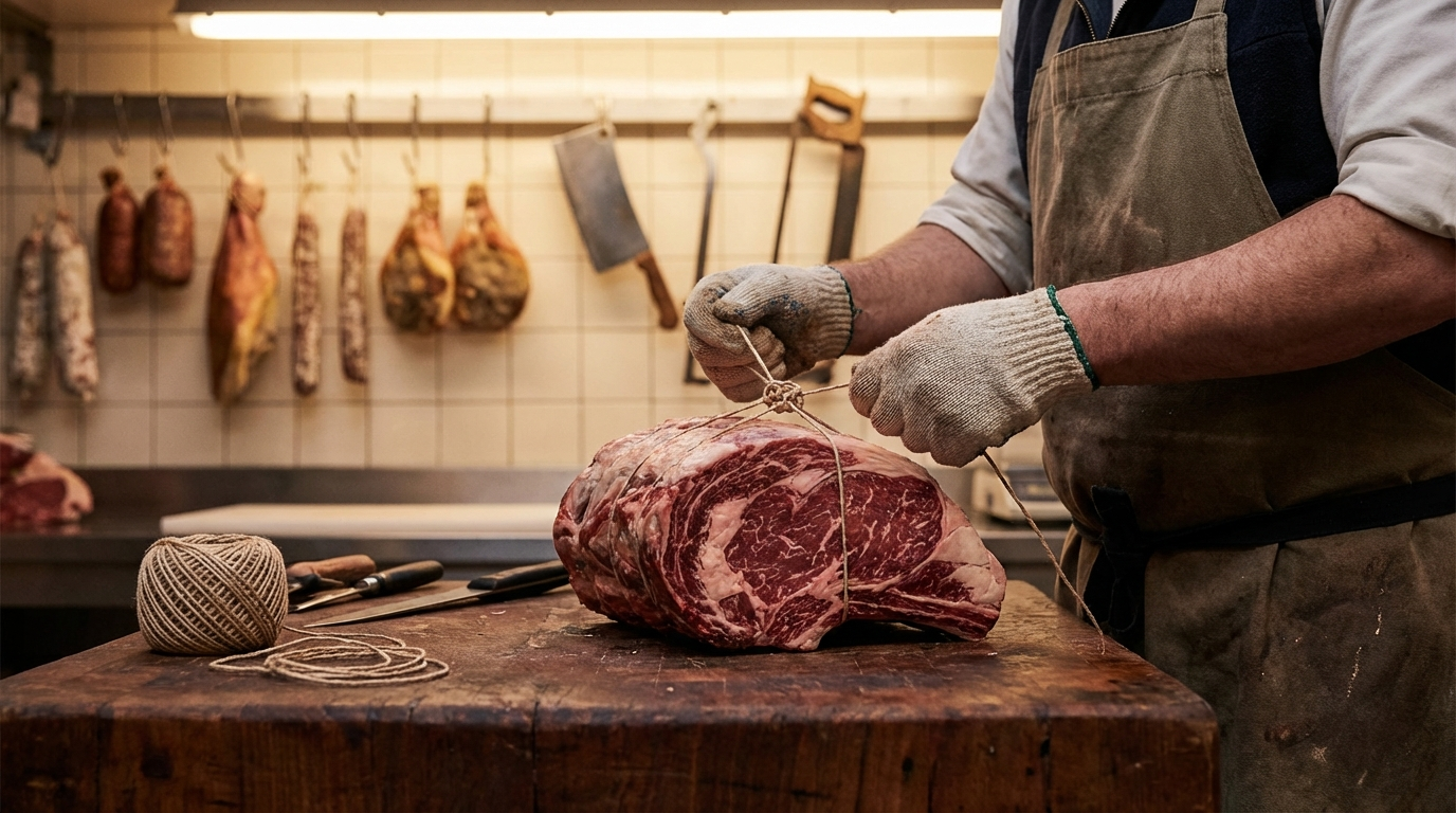 Butcher tying kitchen twine around beef roast using traditional butcher knot technique