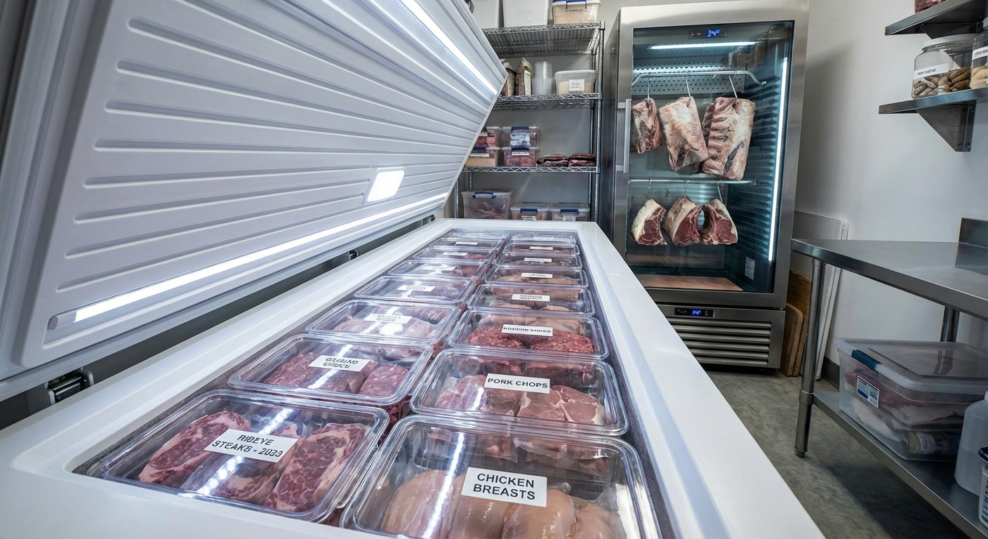 Organized meat storage with labeled vacuum-sealed packages in chest freezer and hanging dry-aged beef in temperature-controlled cooler