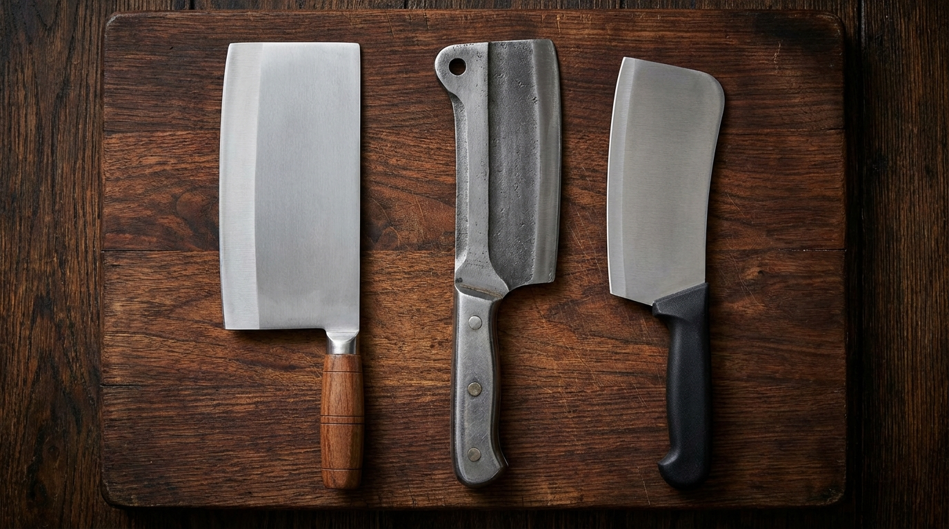 Three butcher cleaver types side by side showing Chinese cleaver, bone cleaver, and vegetable cleaver size differences