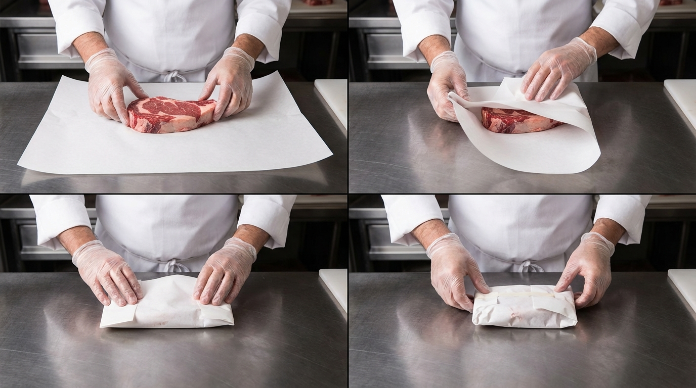 Step-by-step demonstration of professional butcher's wrap showing paper placement, folding, and taping sequence