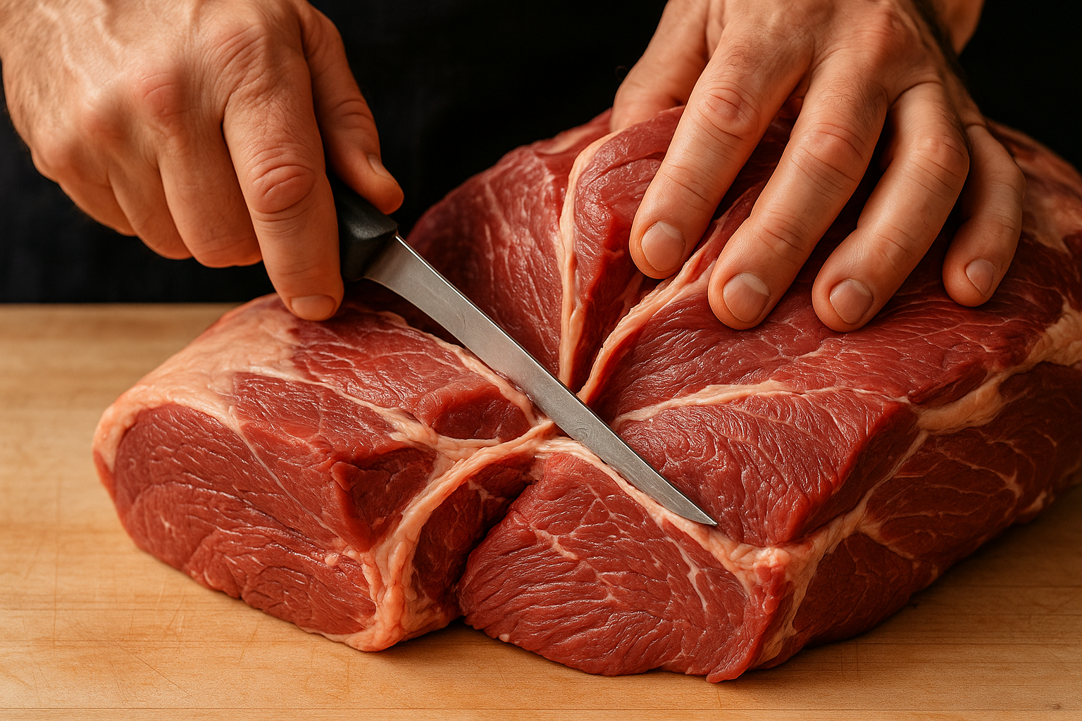 Butcher's hands performing seam cutting technique on beef chuck, separating muscles along natural fascia lines