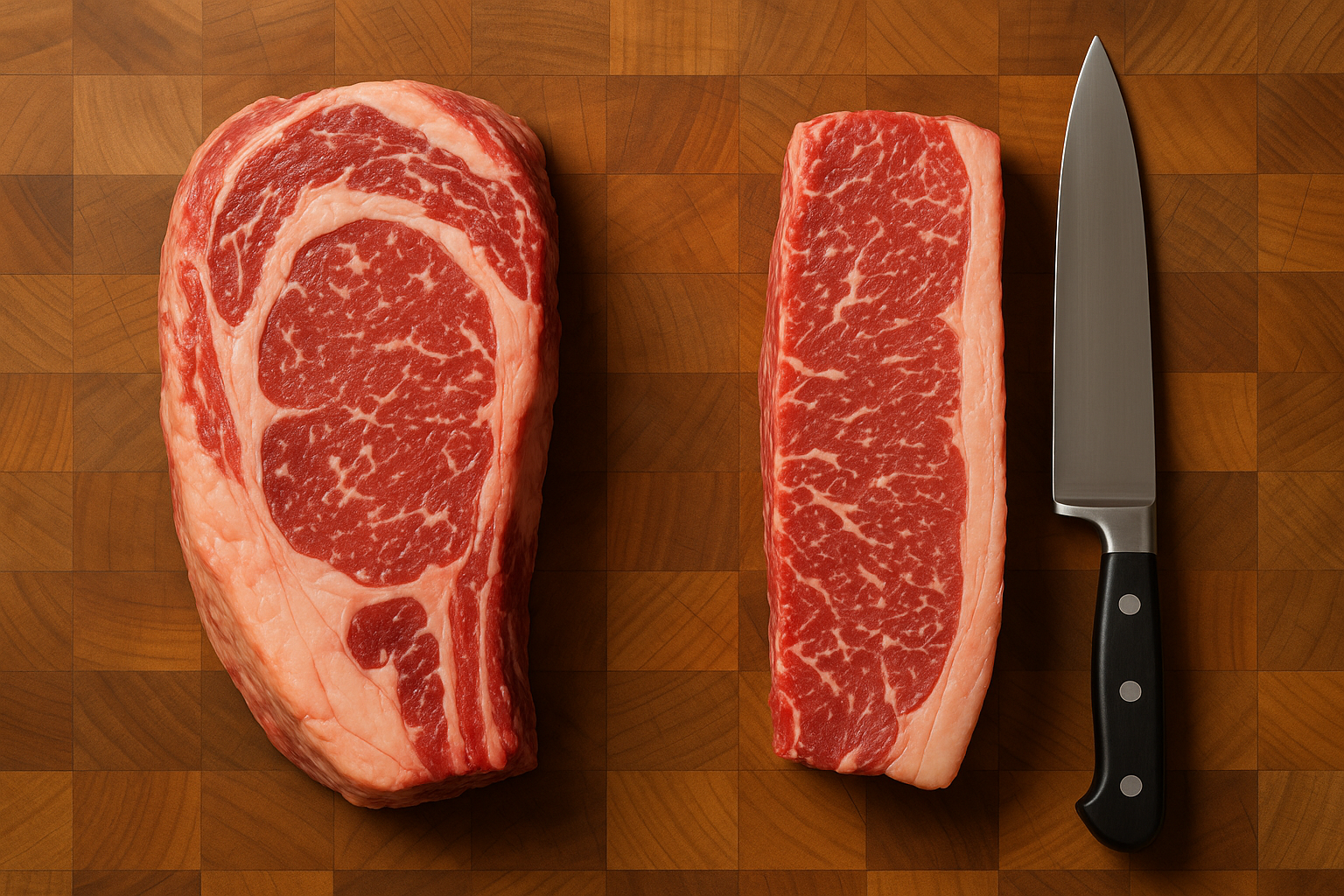 Beef primal cuts breakdown showing ribeye and strip loin separated on butcher block