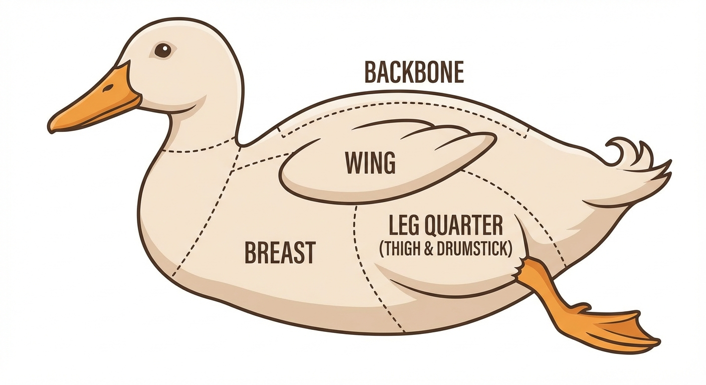 Diagram showing the primal sections of a whole duck including breast, leg quarter, wing, and backbone