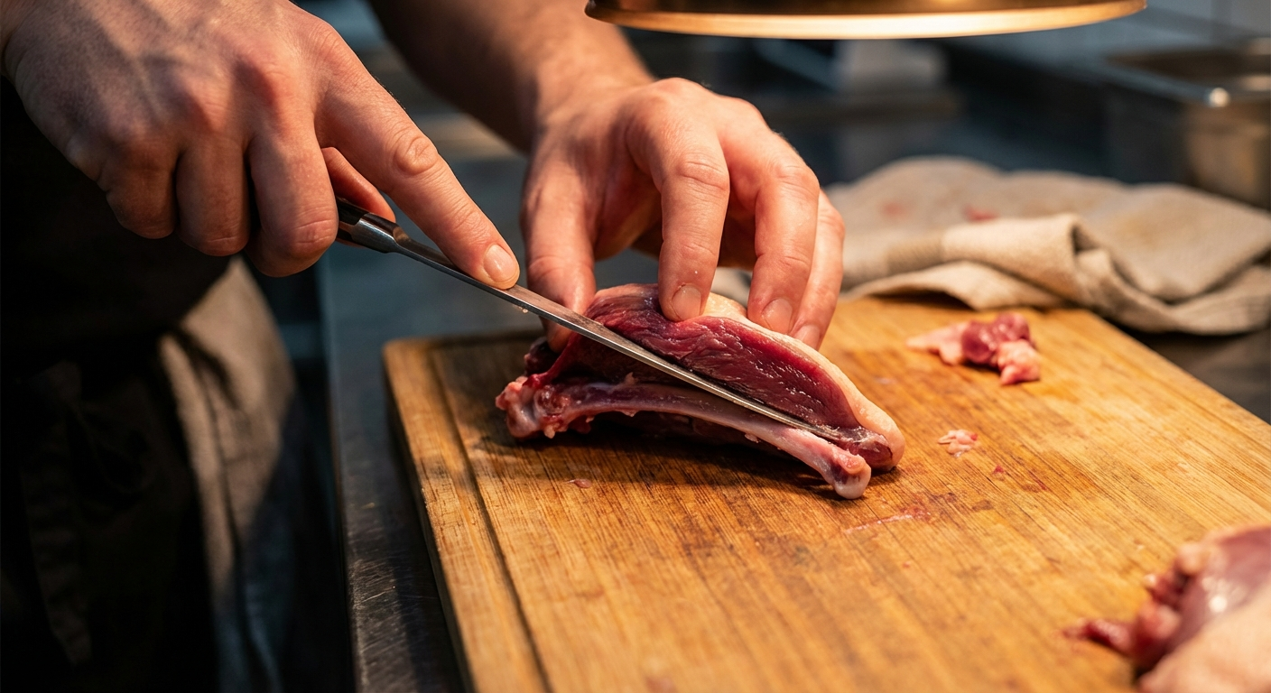 Butcher removing duck breast from the bone using a sharp boning knife along the keel bone