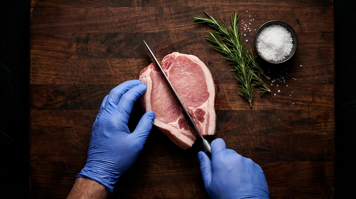 Thick pork chop being butterflied open on a dark butcher block with a precise horizontal cut