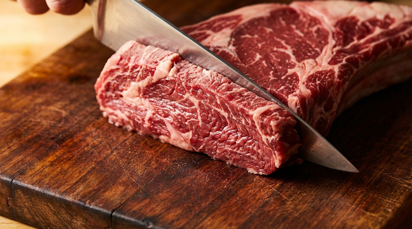 Sharp butcher knife slicing perpendicular to muscle grain on beef ribeye showing visible grain lines