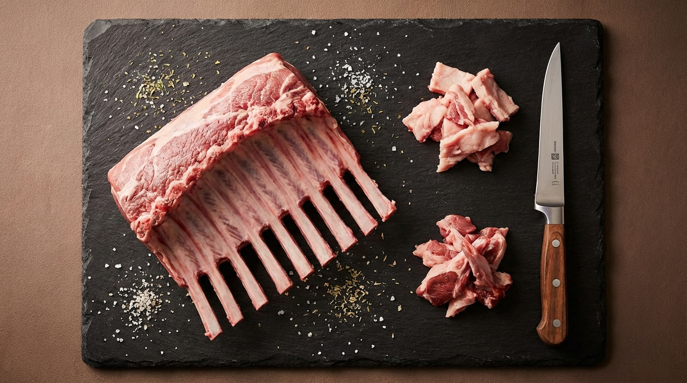 French-trimmed rack of lamb with exposed clean rib bones on dark slate with boning knife