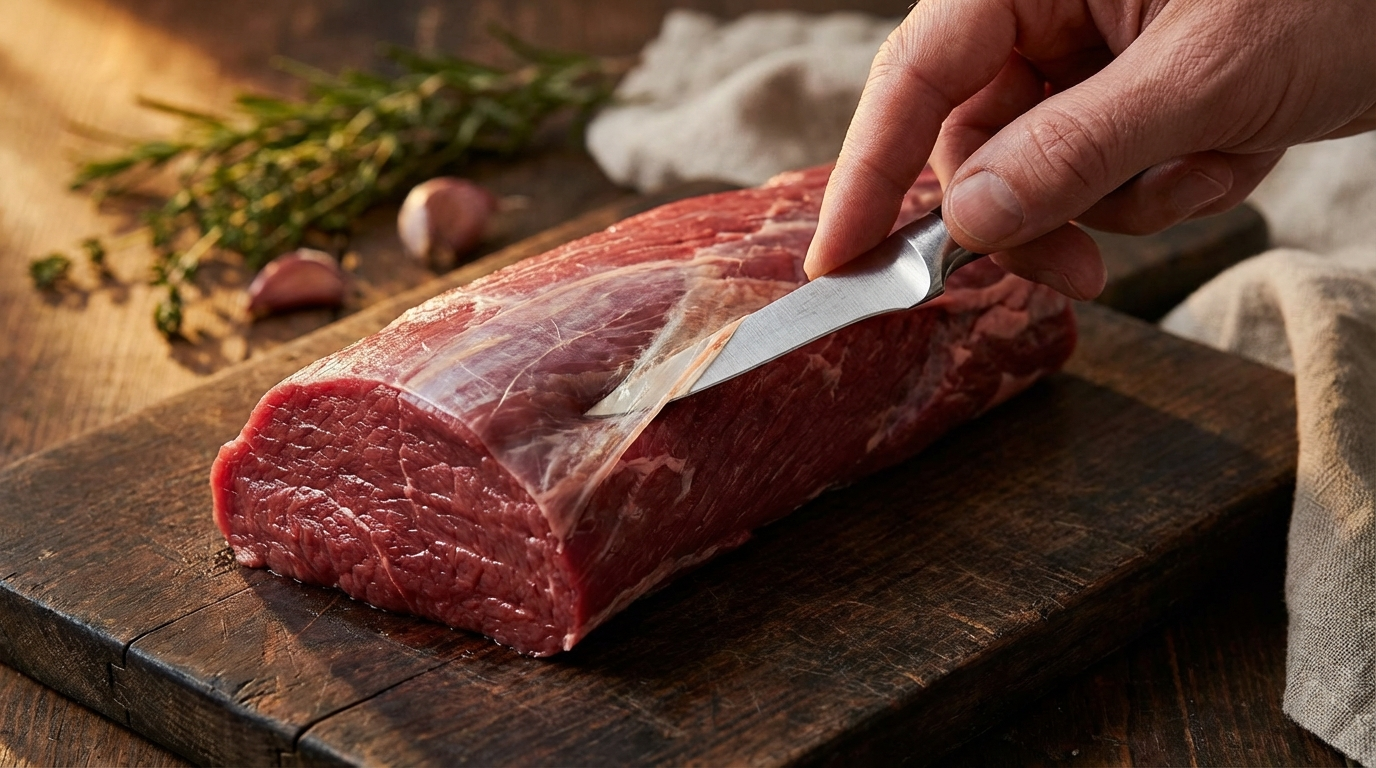 Boning knife tip sliding under translucent silverskin membrane on beef tenderloin