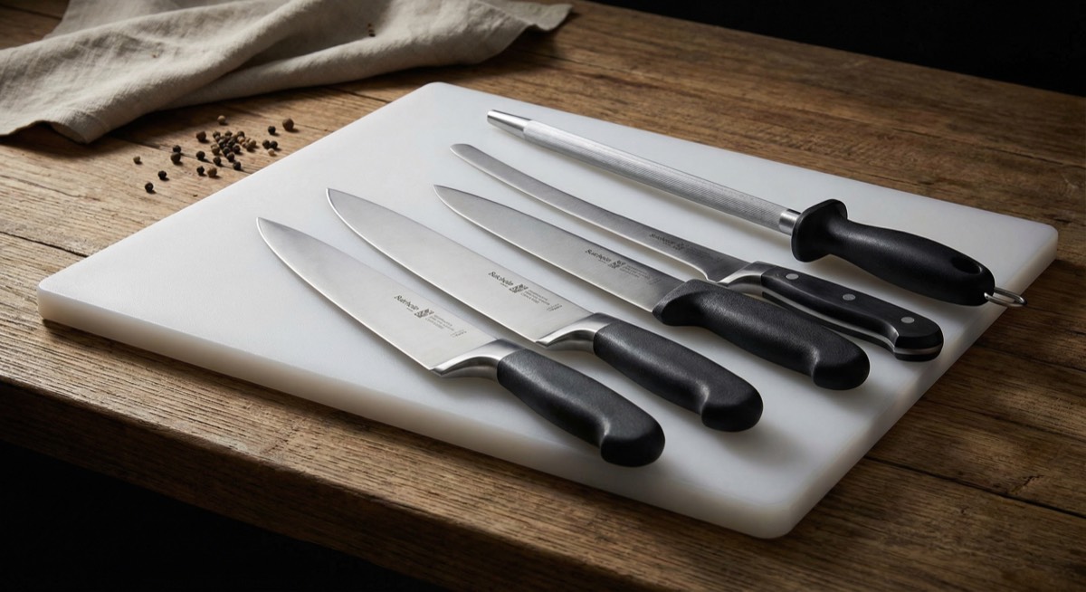 Professional butchering knives, steel, and cutting board arranged on a wooden work surface