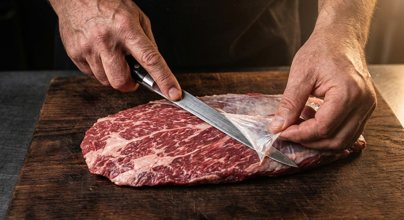 Butcher trimming silver skin membrane from raw beef flank steak with a boning knife