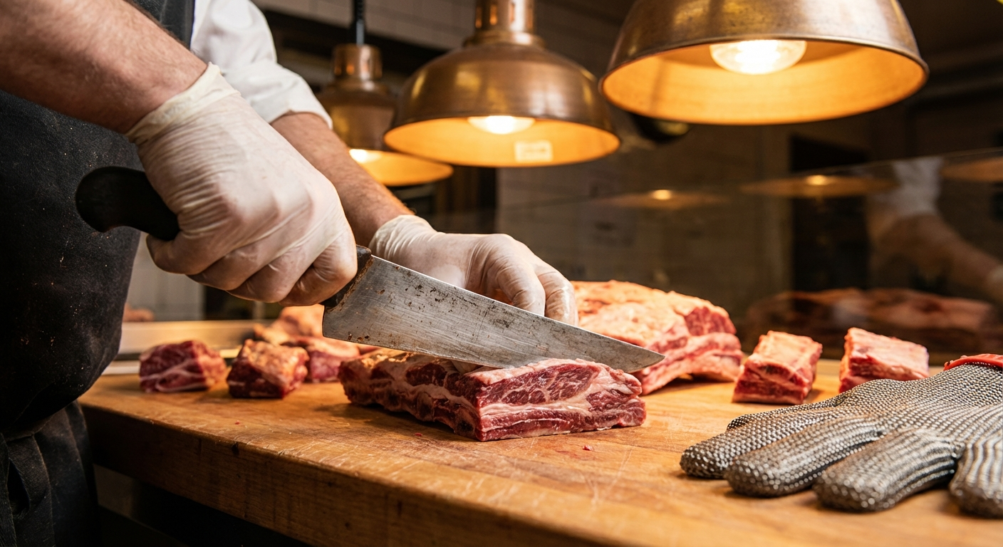 Butcher separating meat from beef plate primal rib bones with a boning knife