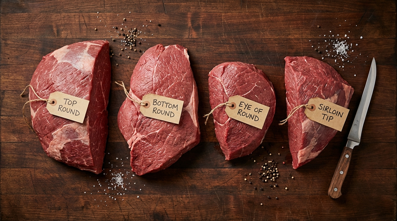 Beef round subprimals separated on butcher block showing top round bottom round eye of round and sirloin tip