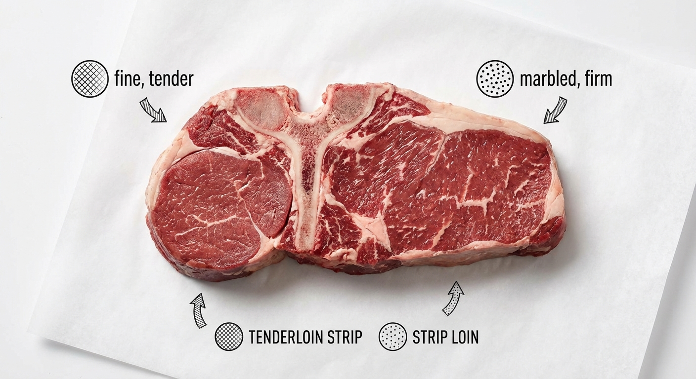 Cross-section of a beef short loin showing the tenderloin and strip loin separated by T-shaped vertebral bone