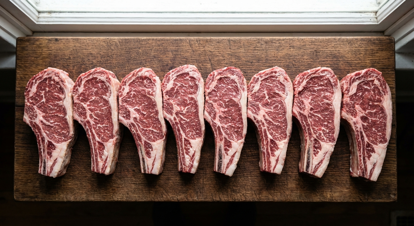 Row of evenly portioned bone-in New York strip steaks on a dark wood cutting board showing consistent thickness and marbling