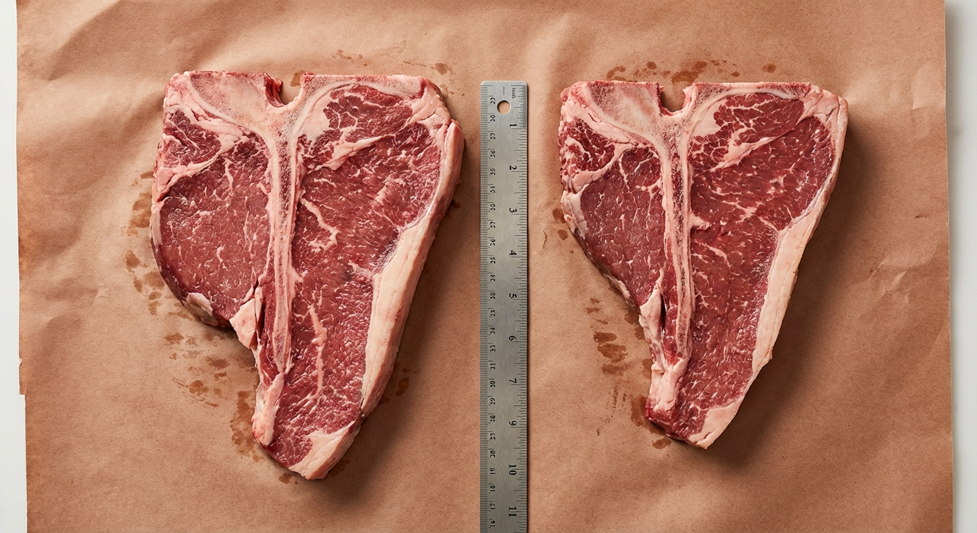 T-bone and porterhouse steaks side by side showing the size difference in the tenderloin portion between the two cuts