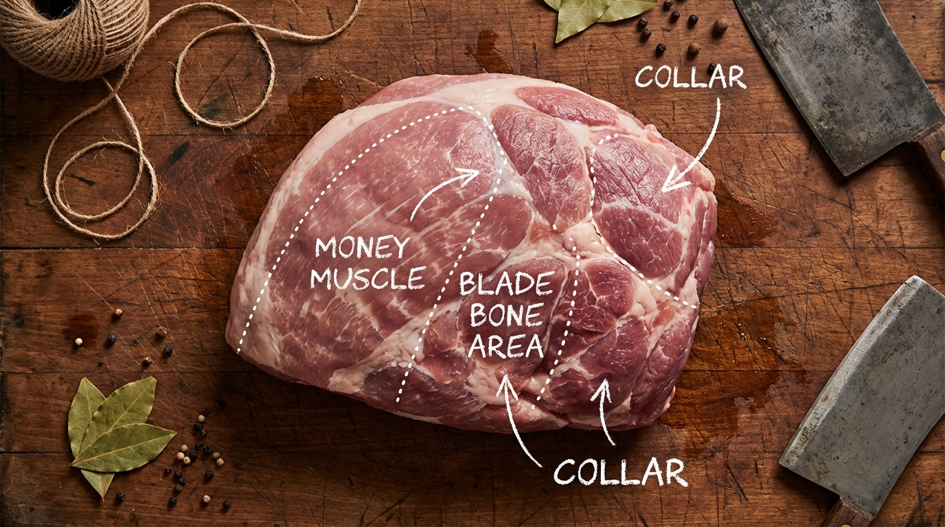 Raw pork shoulder showing blade bone location, money muscle, and collar separation points