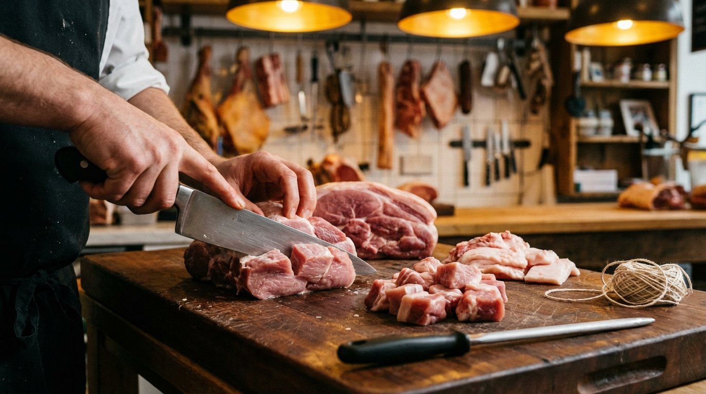 Pork shoulder being portioned into stew cubes and trim for grinding on a dark cutting board