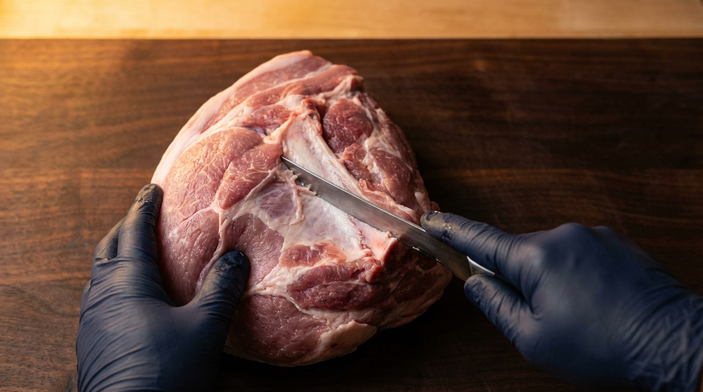 Boning knife separating the blade bone from a raw pork shoulder on a dark cutting board