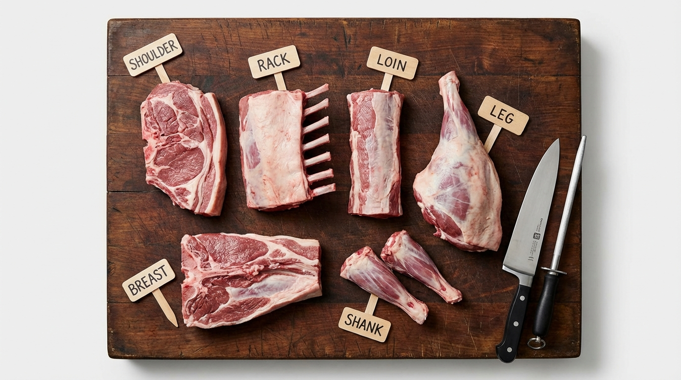 Lamb primal cuts separated on butcher block showing shoulder rack loin and leg