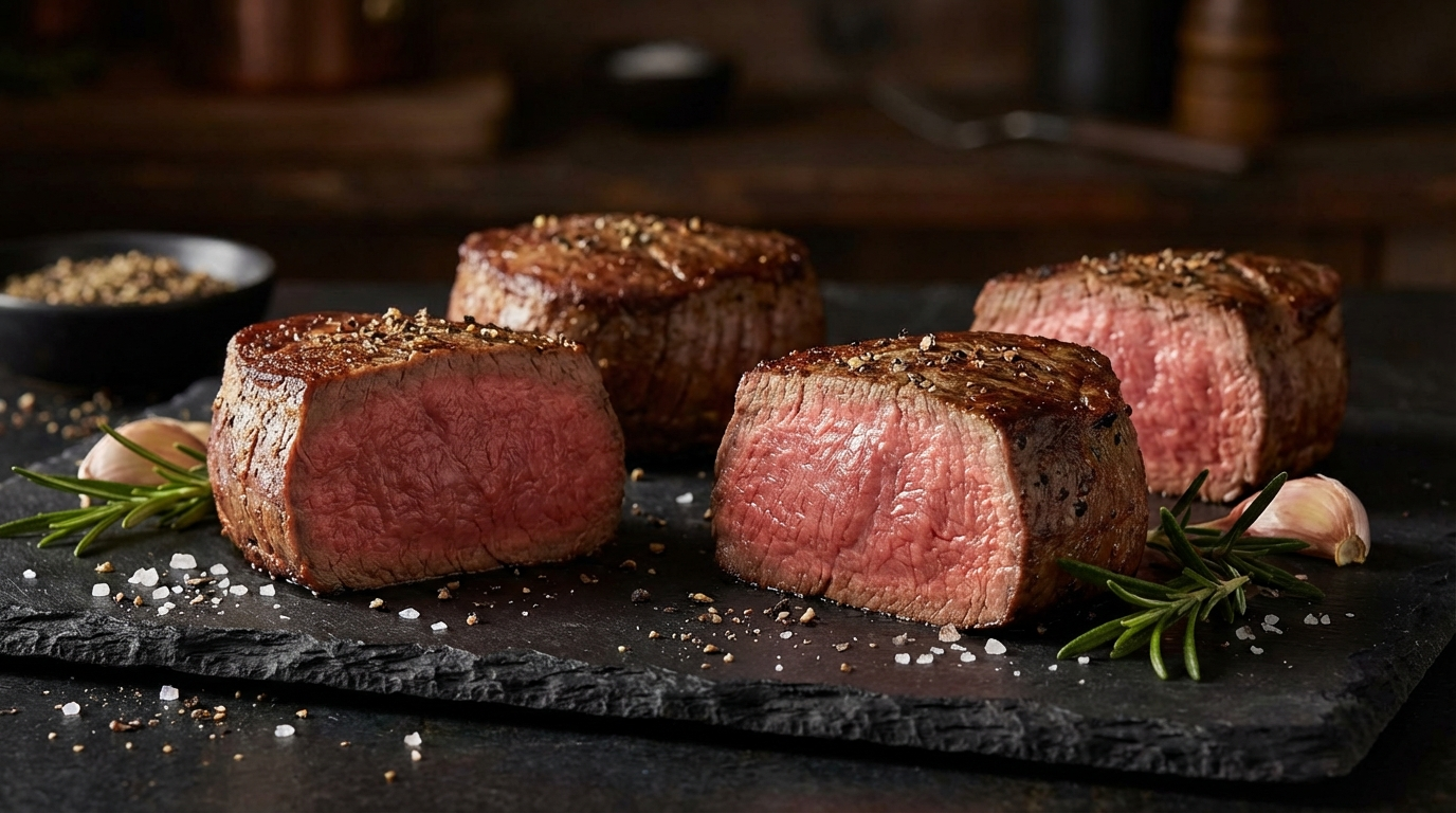 Four thick-cut filet mignon steaks from a beef tenderloin arranged on dark slate with coarse salt