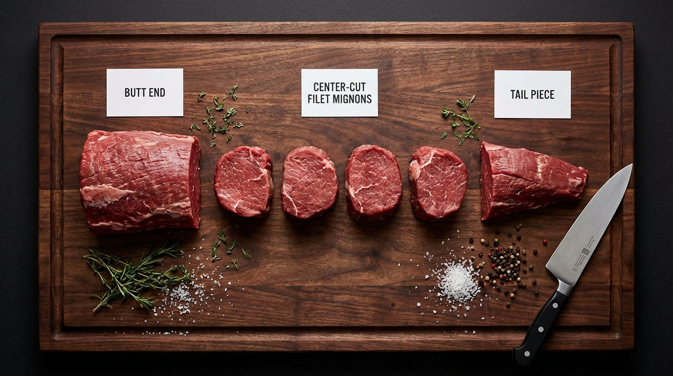 Trimmed beef tenderloin broken down into butt end, center-cut filets, and tail piece on a cutting board