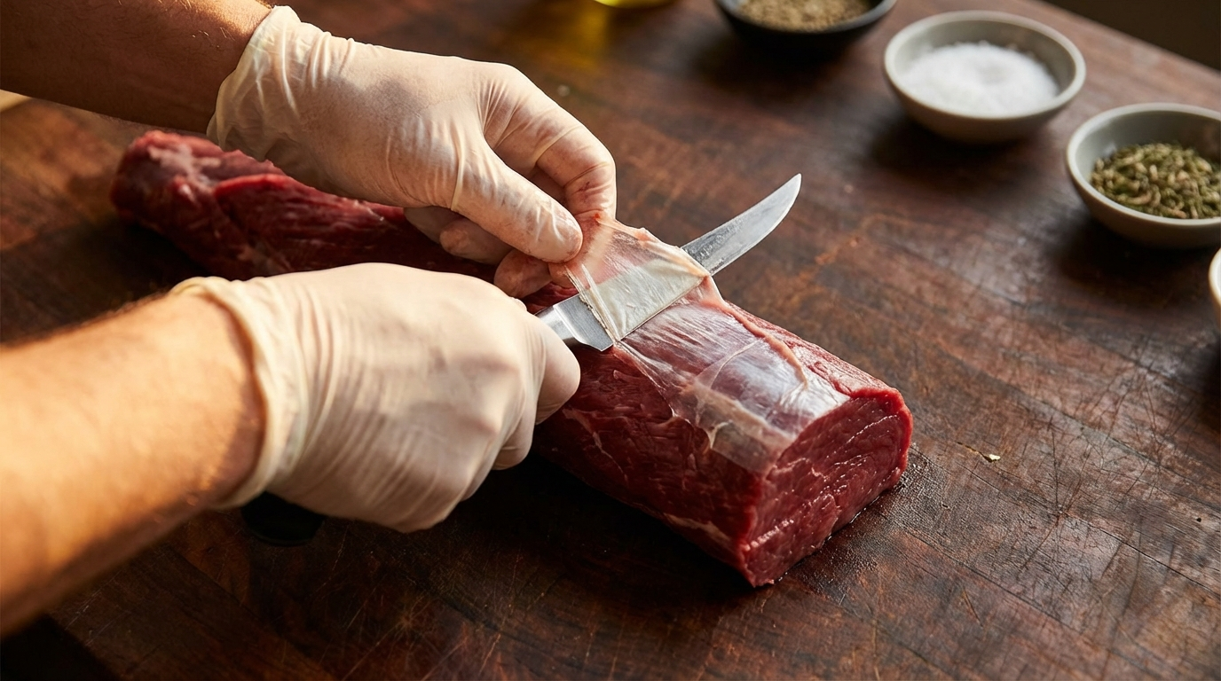 Boning knife removing silverskin from a beef tenderloin on a dark butcher block