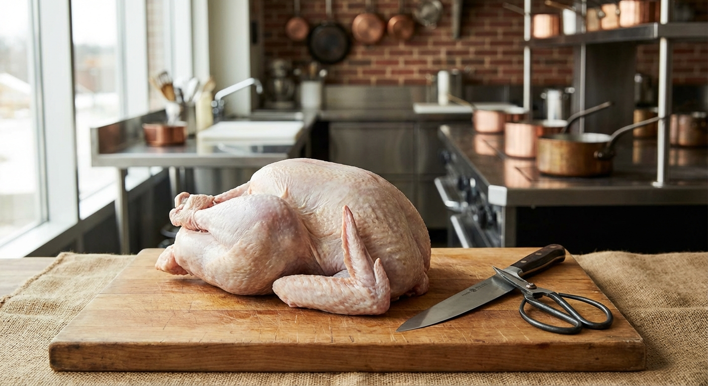 A whole raw turkey on a large wooden cutting board with butcher knife and kitchen shears beside it