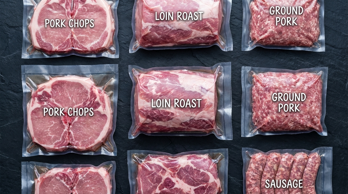 Vacuum sealed pork cuts arranged for freezer storage including chops roasts ground pork and sausage