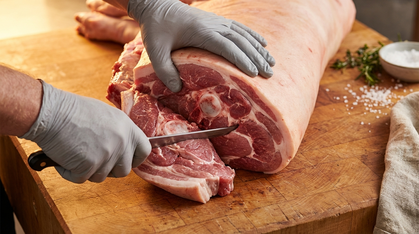 Boning knife separating the pork shoulder from the side at the natural seam between ribs 4 and 5