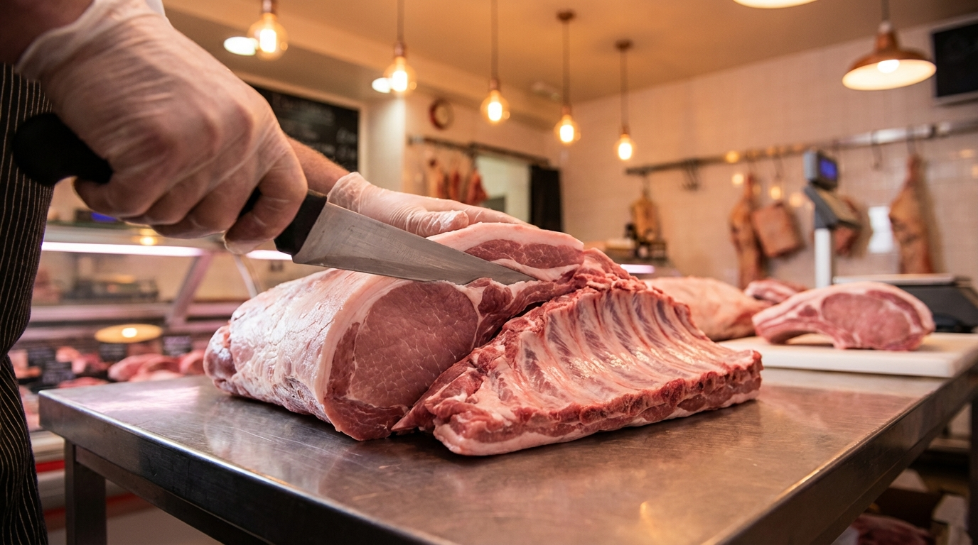 Butcher separating the pork loin from spare ribs with a knife following the natural seam