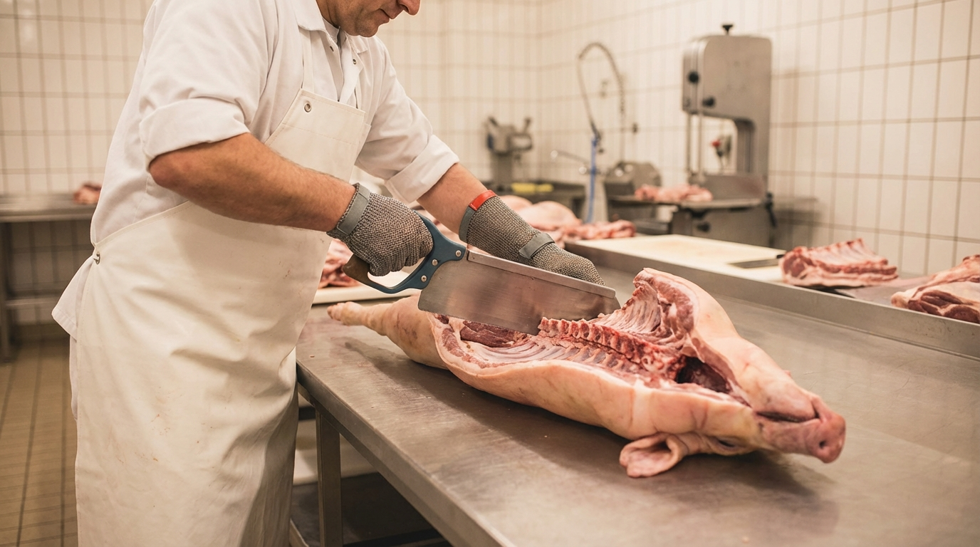 Butcher splitting a pig carcass in half lengthwise through the spine with a bone saw