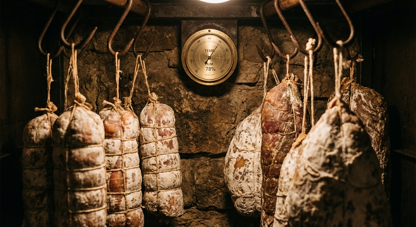 Dry-cured meats hanging in a curing chamber showing white mold bloom and proper aging conditions