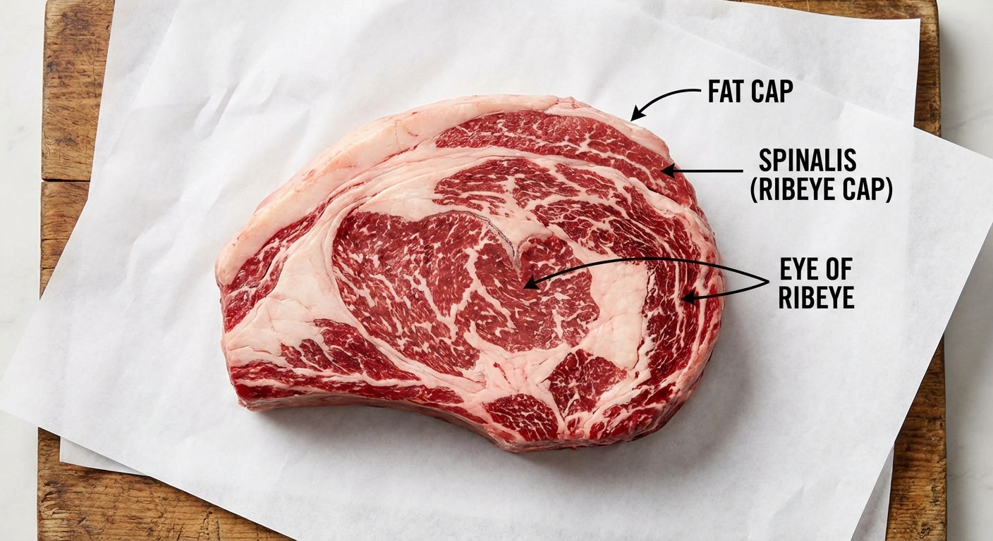 Whole boneless ribeye primal showing the spinalis cap, longissimus muscle, and fat cap