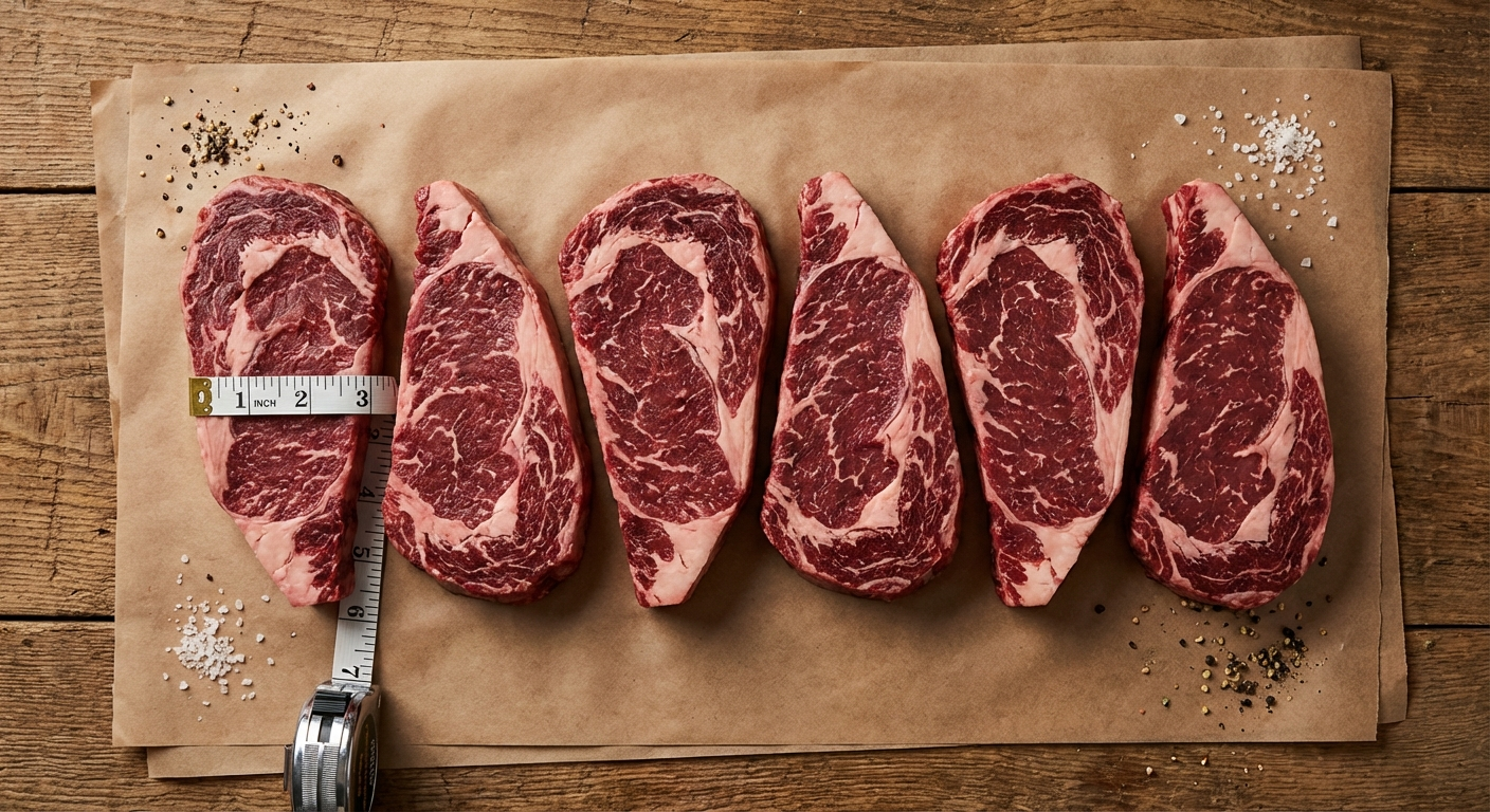 Perfectly portioned ribeye steaks lined up on butcher paper showing consistent thickness