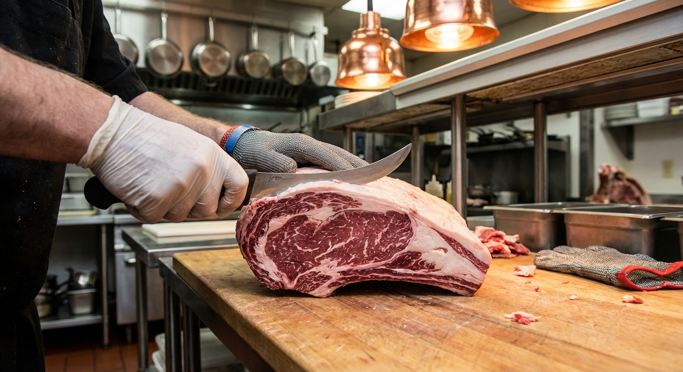 Trimming the fat cap from a whole ribeye primal with a sharp knife on a cutting board
