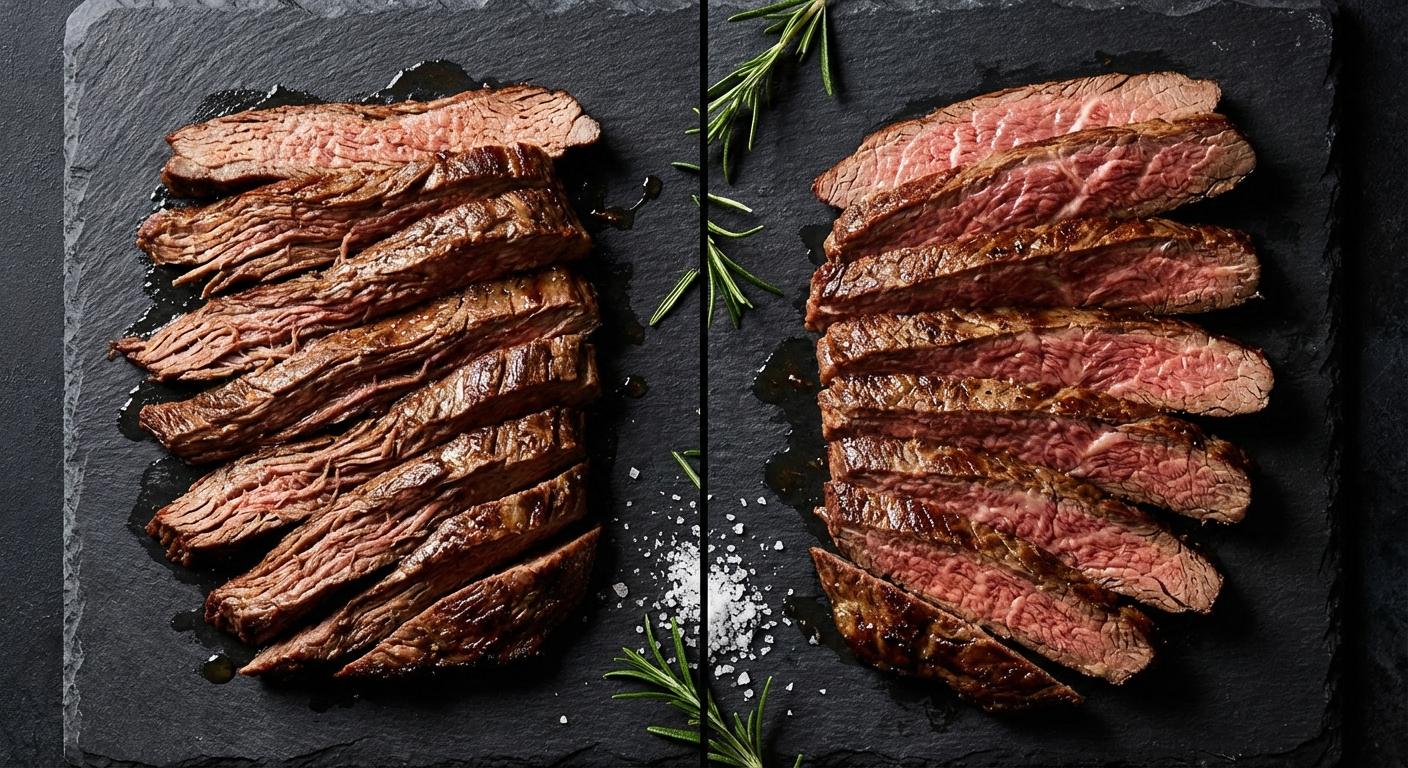 Side by side comparison of flank steak sliced with the grain showing stringy fibers versus against the grain showing short tender cross-sections