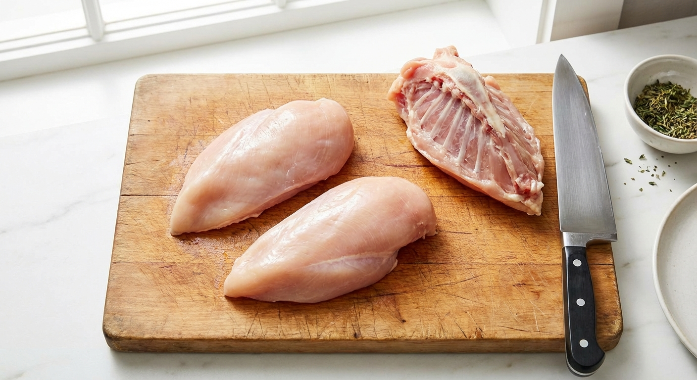 Two deboned skinless chicken breasts next to the removed breastbone and rib cage on a clean cutting board