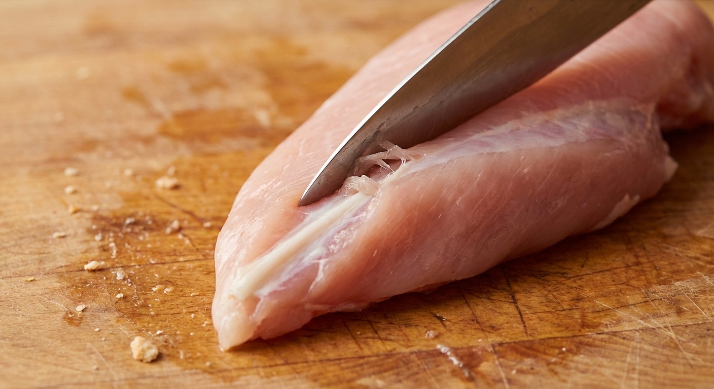 Close-up of a boning knife separating the keel bone from raw chicken breast meat on a butcher block