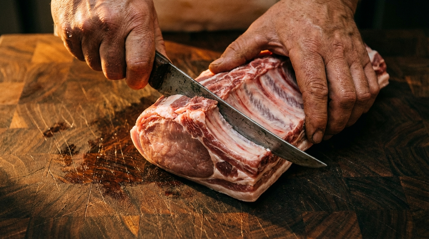 Close-up of a boning knife blade separating rib bones from pork loin meat on a dark butcher block