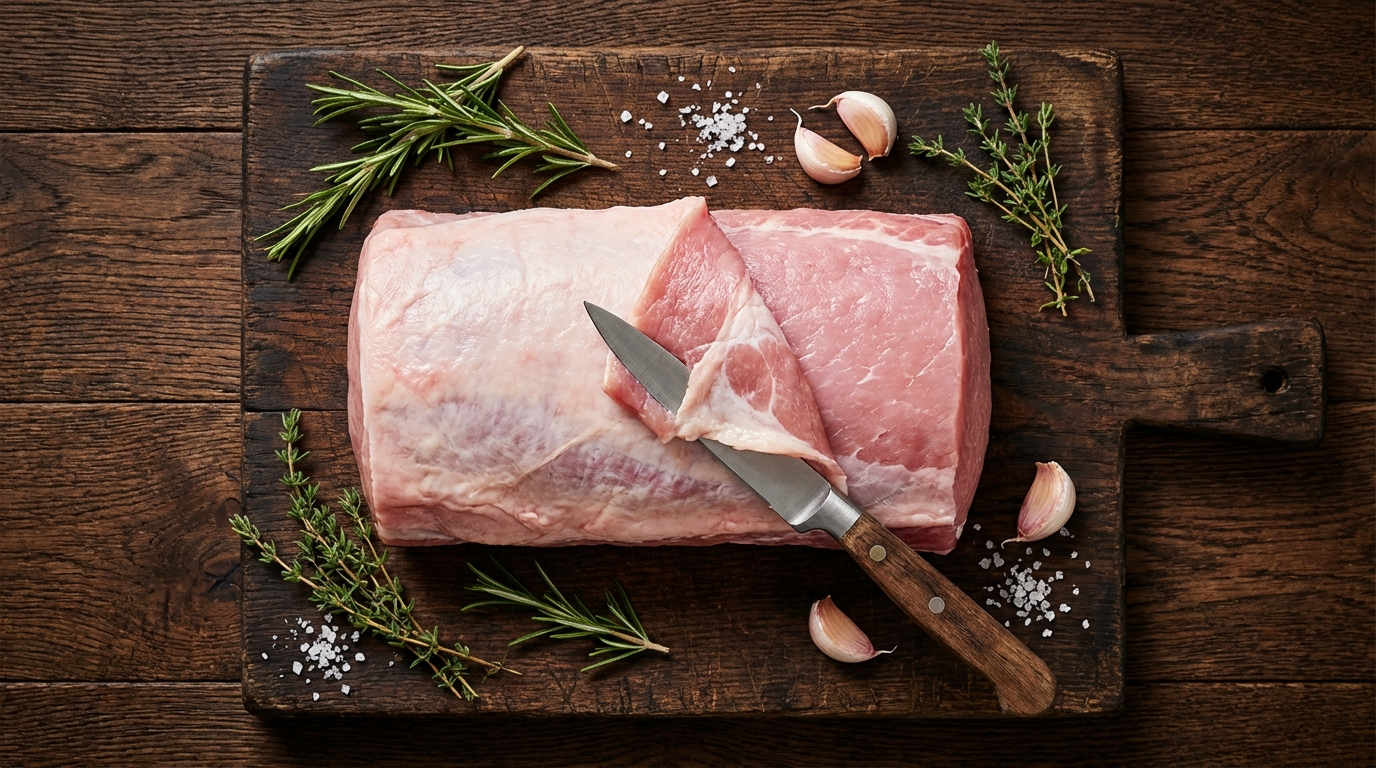 Boneless pork loin roast on a dark cutting board with silverskin partially removed showing clean pink meat