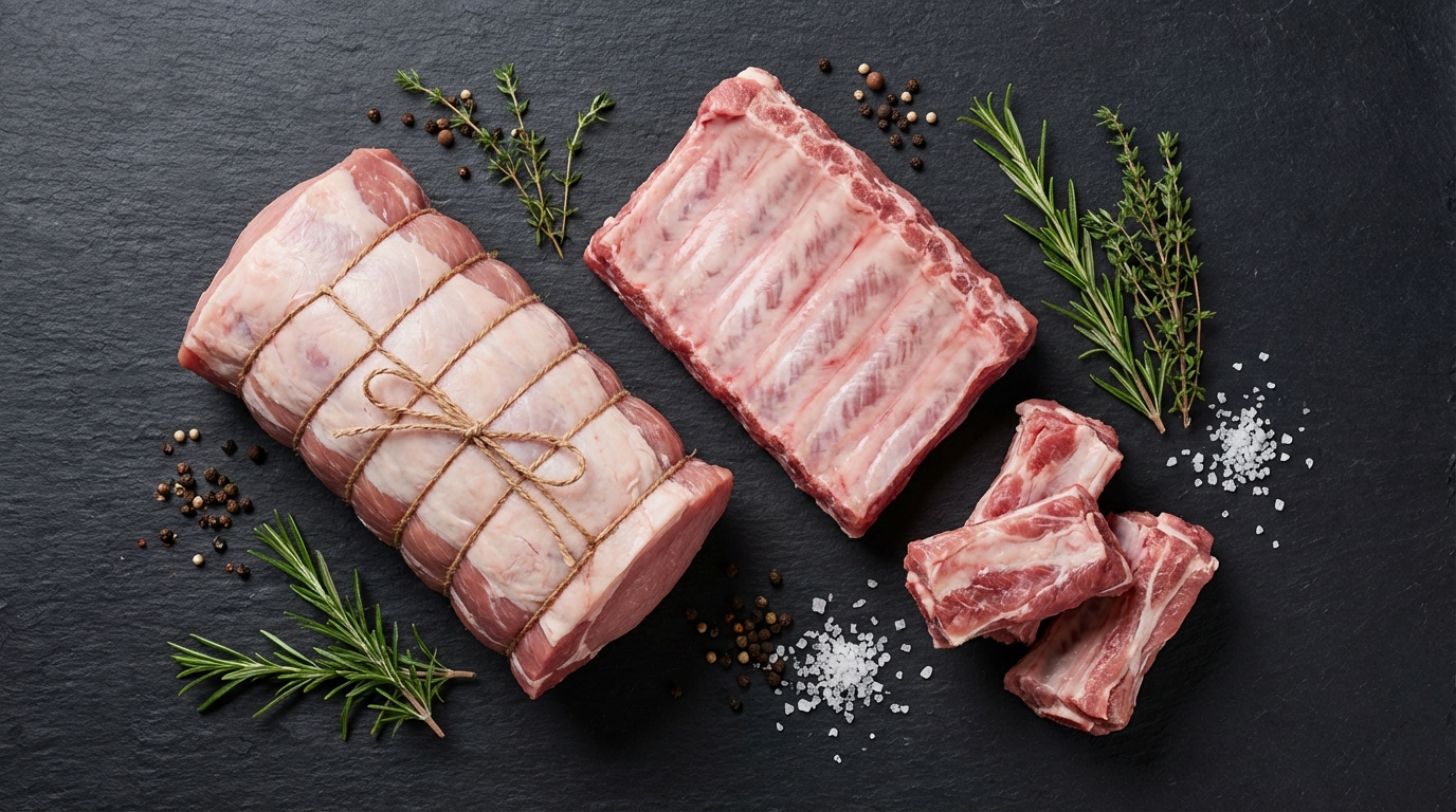 Deboned pork loin tied with butcher twine into a rolled roast alongside separated baby back rib rack on dark slate