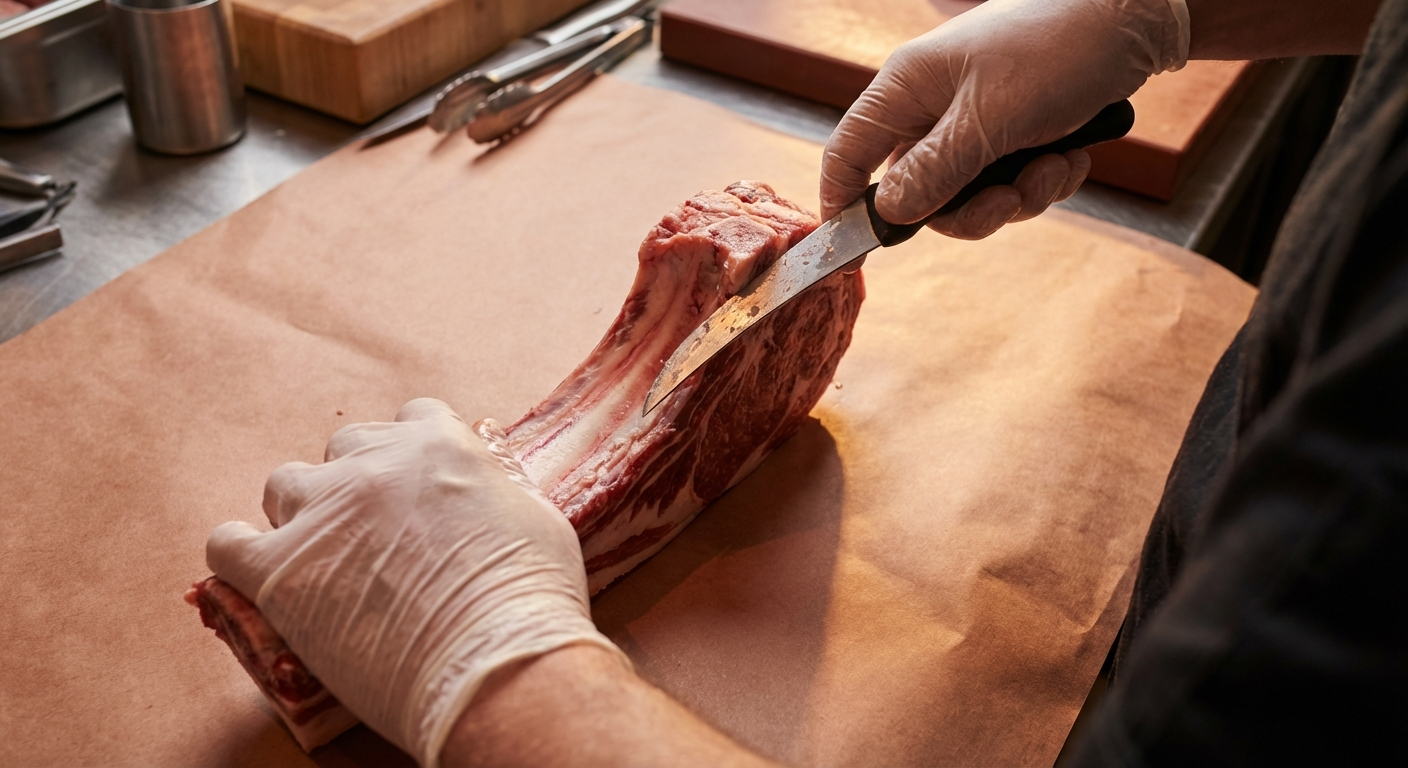 Close-up of a butcher frenching the rib bone on a tomahawk steak with a boning knife